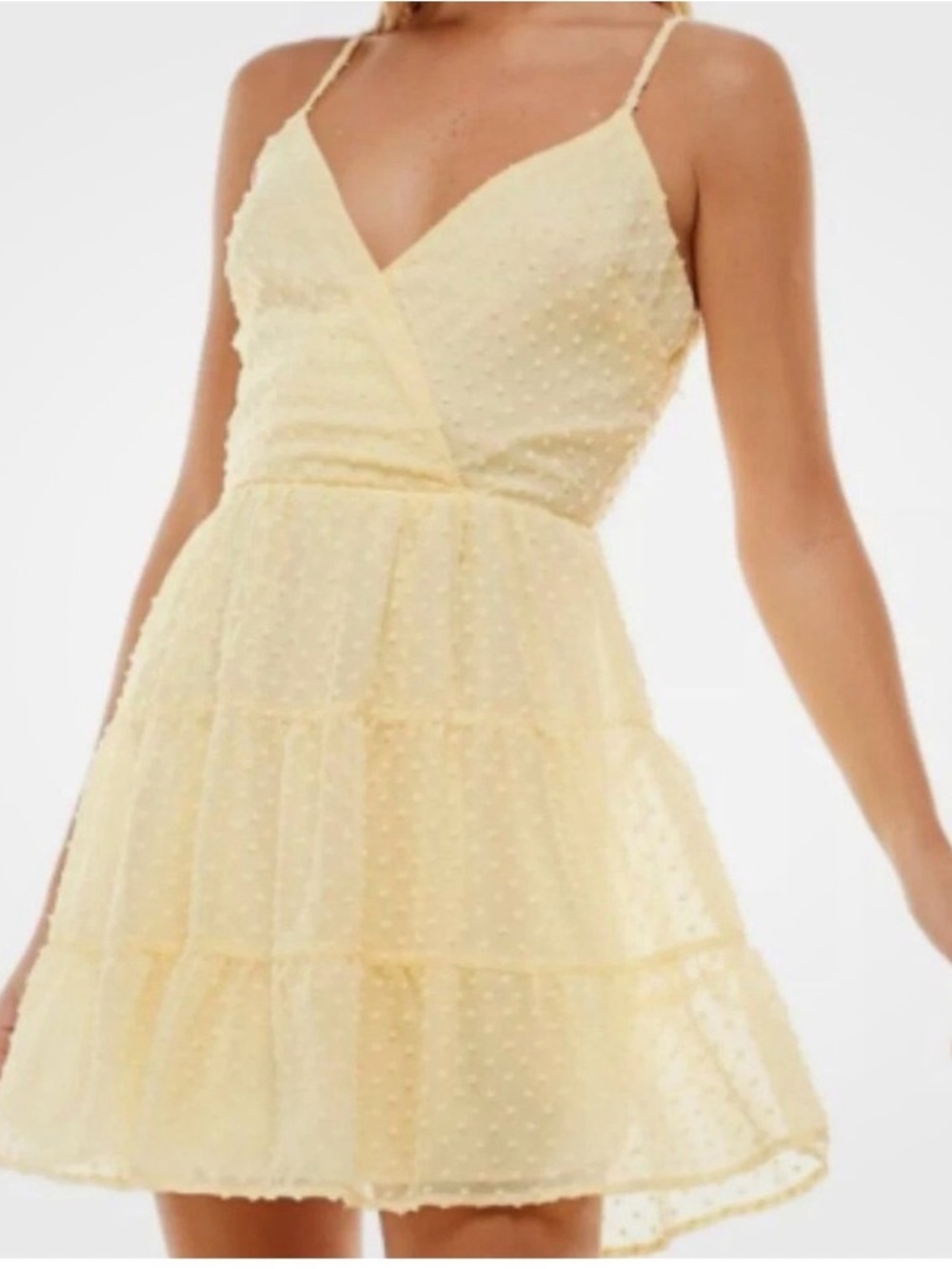 NWT: Trixxi Pale Yellow Swiss Dot Tiered Mini Dress